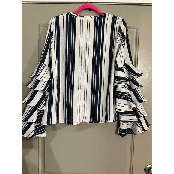 Charlotte Russe Blue and White Stripe Ruffle Long Sleeve Bouuse Sz M V Neck NWT - Picture 4 of 6